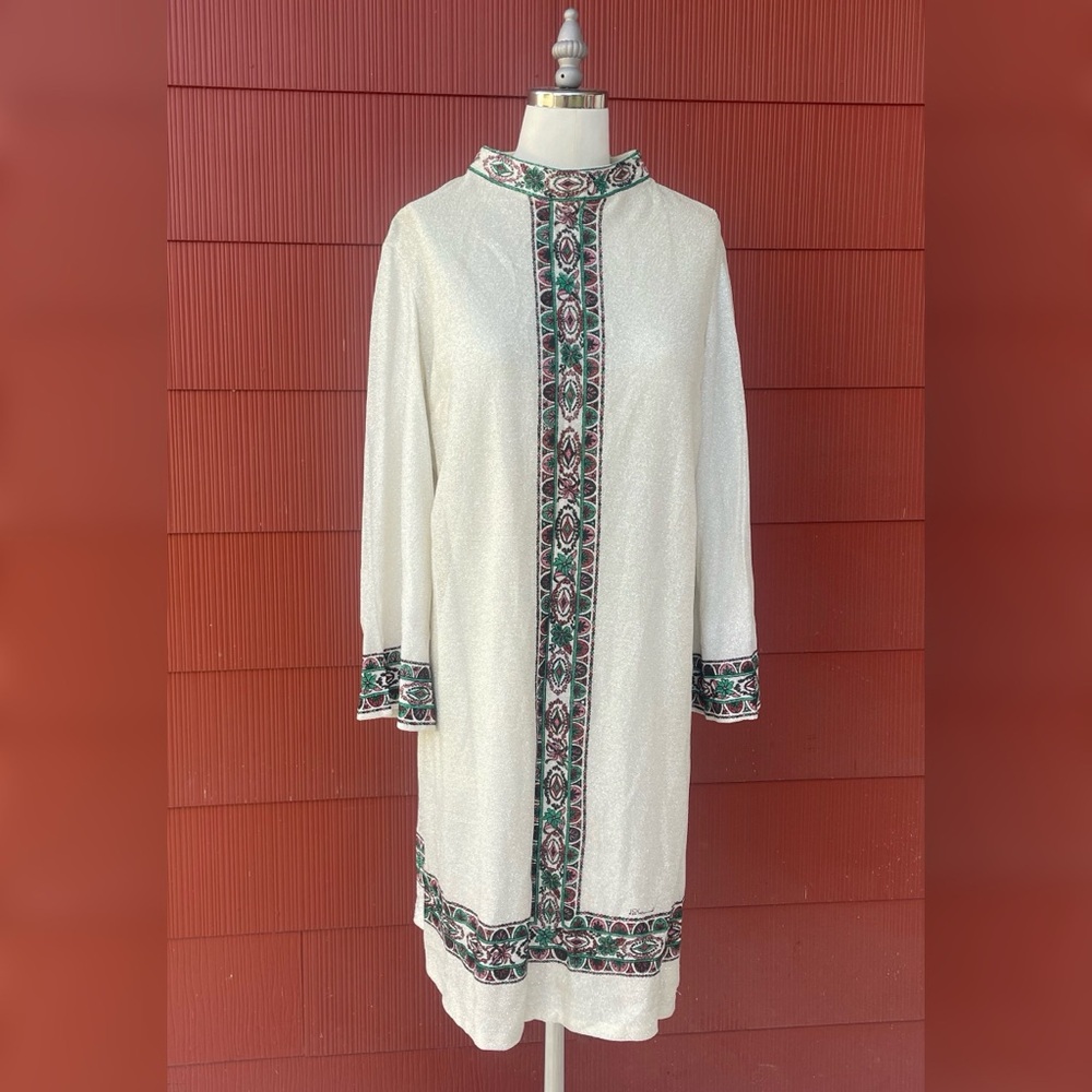 Don Manuel of Miami Vintage 60s High Neck Glitter Long Sleeve Border Print Dress